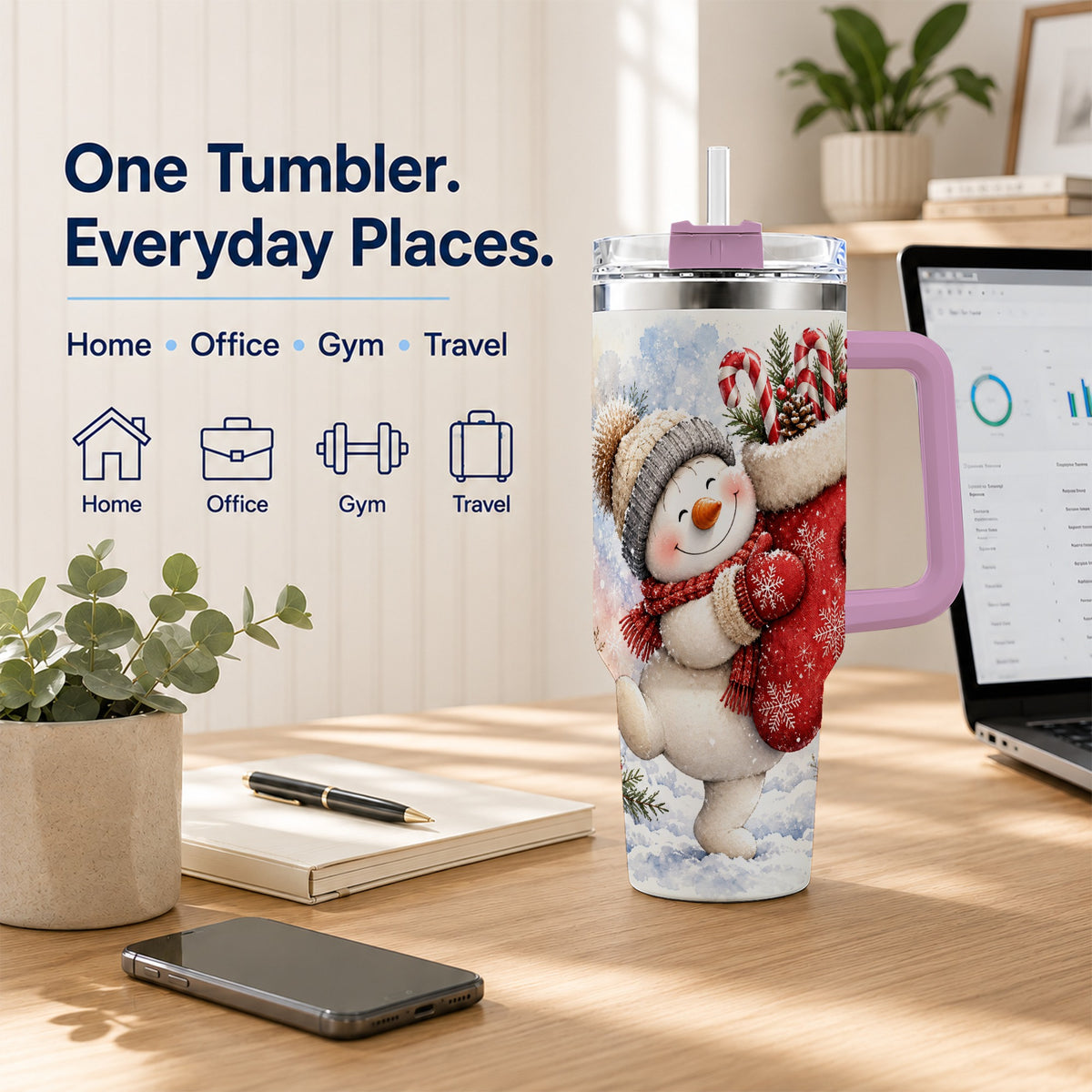 #pl[40oz|Pink] Snowman Stocking 40oz Tumbler, Holiday Tumbler, Stainless Steel Travel Cup
