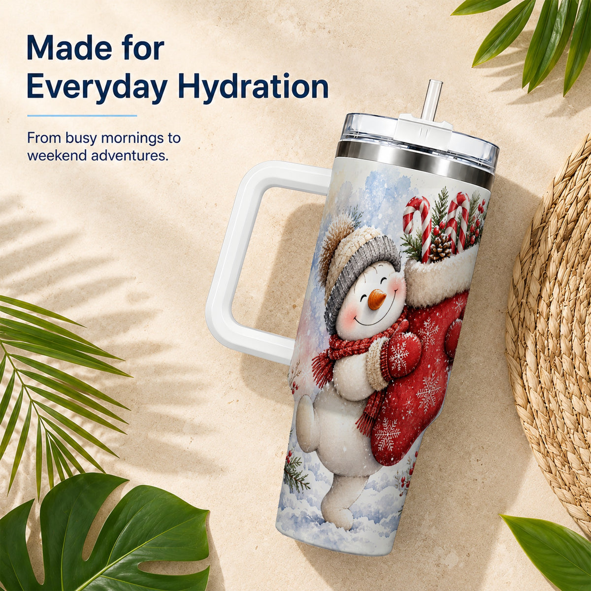 #pl[40oz|White] Snowman Stocking 40oz Tumbler, Holiday Tumbler, Stainless Steel Travel Cup