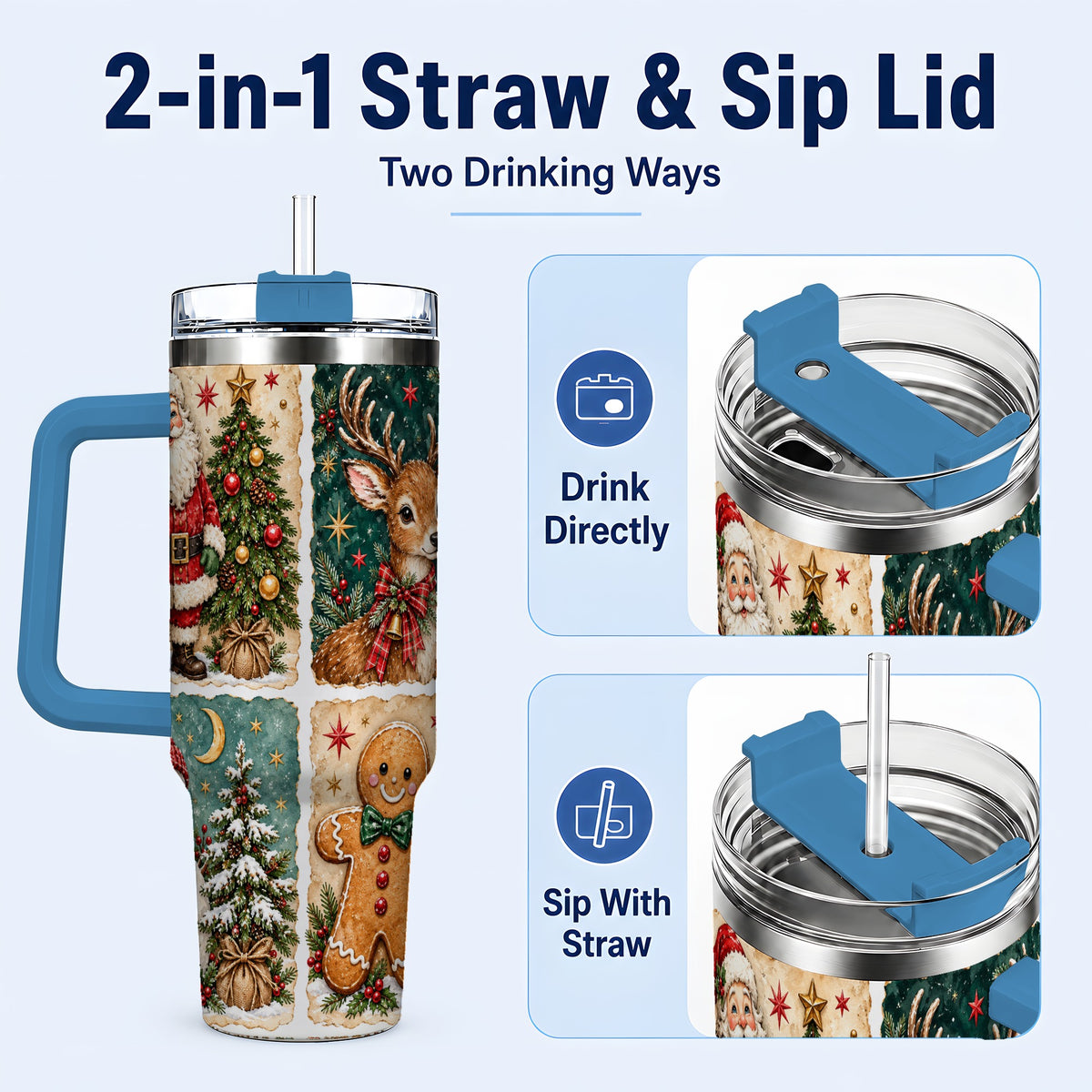#pl[40oz|Blue] Christmas Collage 40oz Tumbler, Holiday Tumbler, Stainless Steel Travel Cup