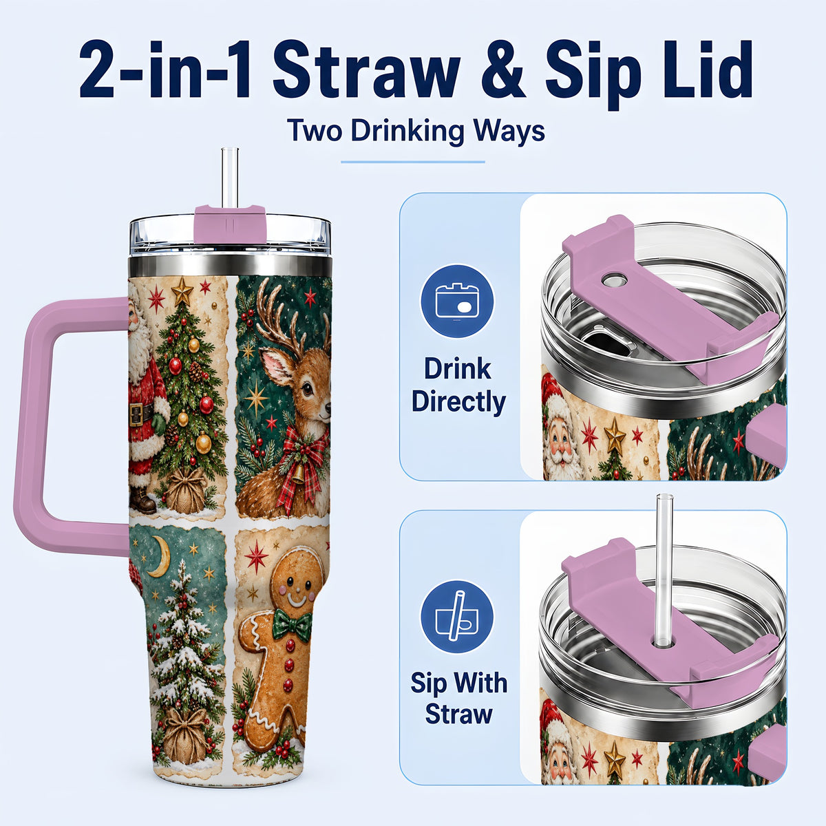 #pl[40oz|Pink] Christmas Collage 40oz Tumbler, Holiday Tumbler, Stainless Steel Travel Cup