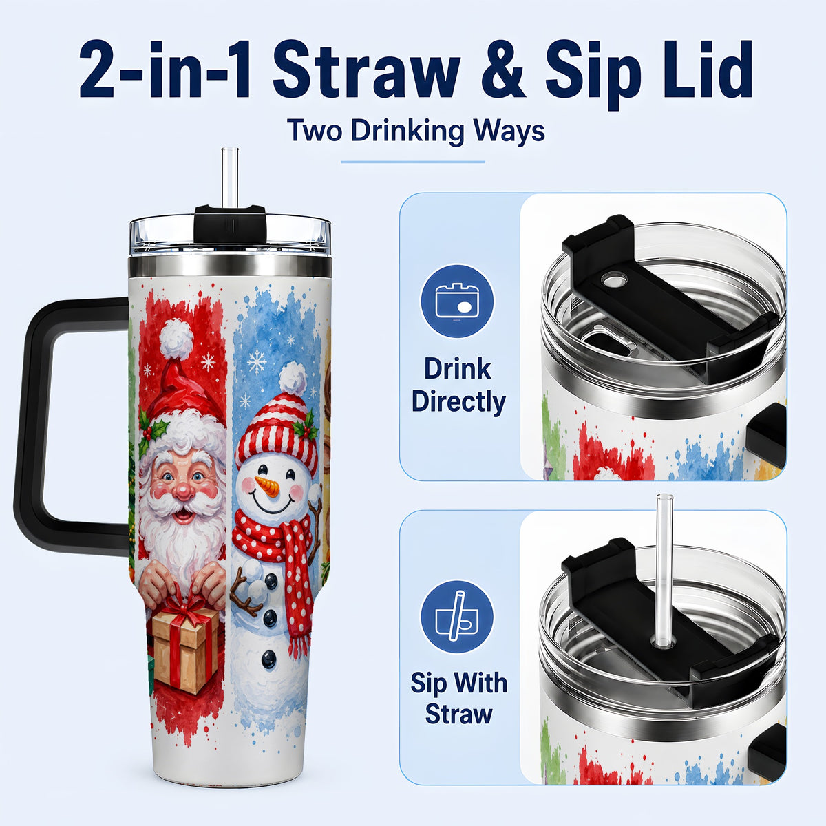 #pl[40oz|Black] Christmas Friends 40oz Tumbler with Handle, Winter Stainless Steel Cup