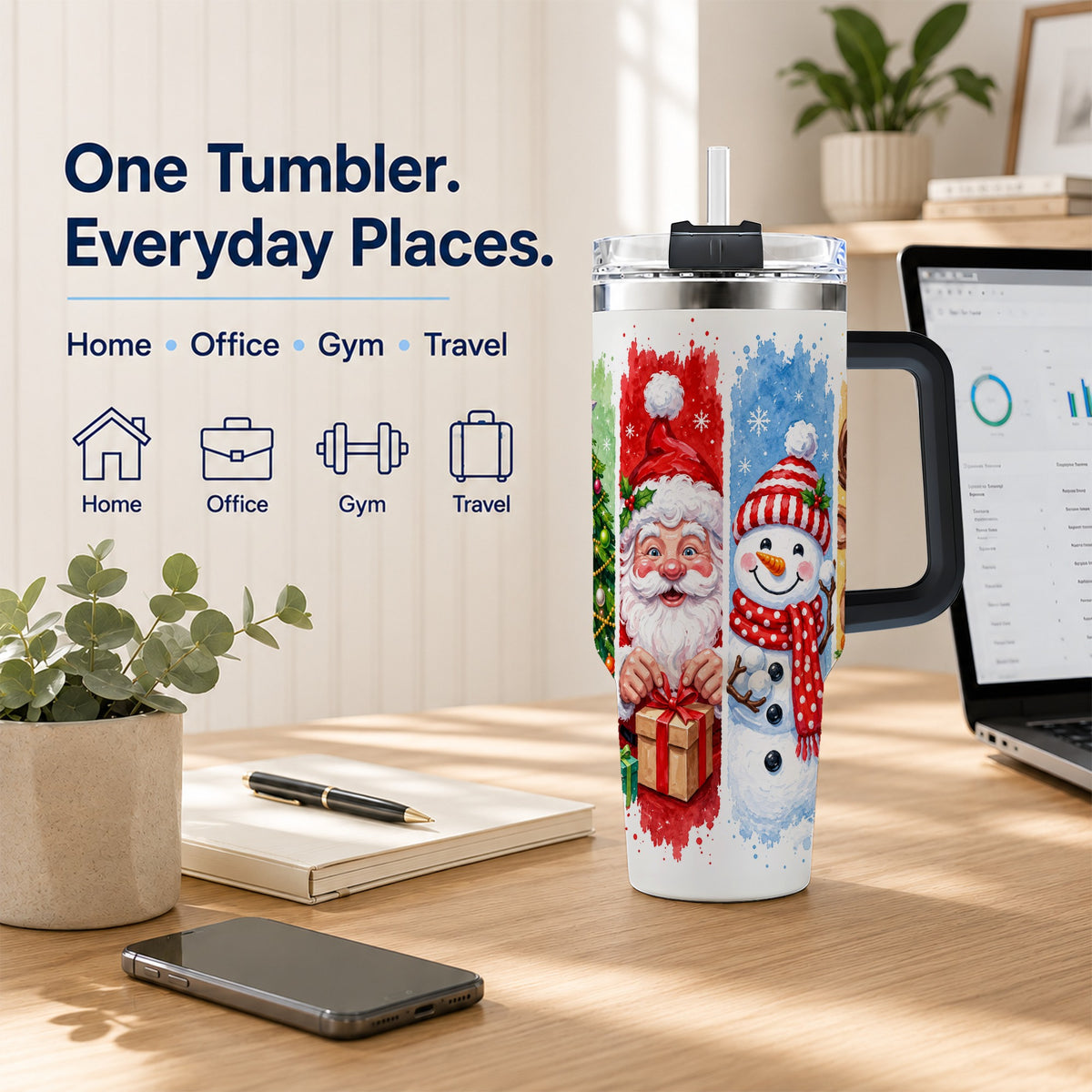 #pl[40oz|Black] Christmas Friends 40oz Tumbler with Handle, Winter Stainless Steel Cup