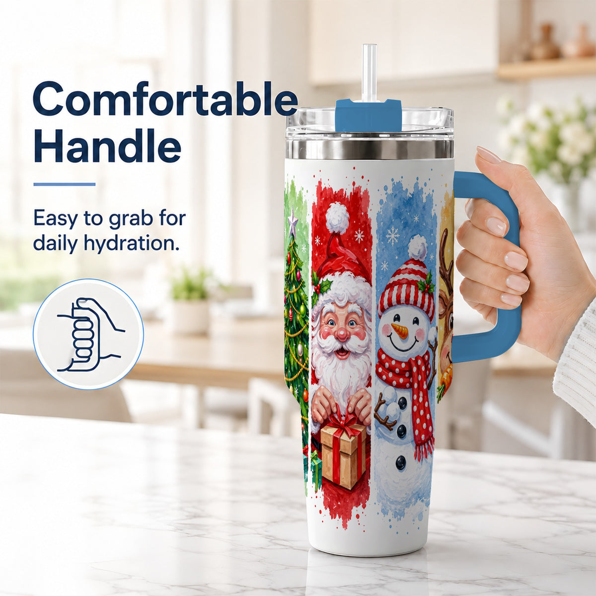 #pl[40oz|Blue] Christmas Friends 40oz Tumbler with Handle, Winter Stainless Steel Cup