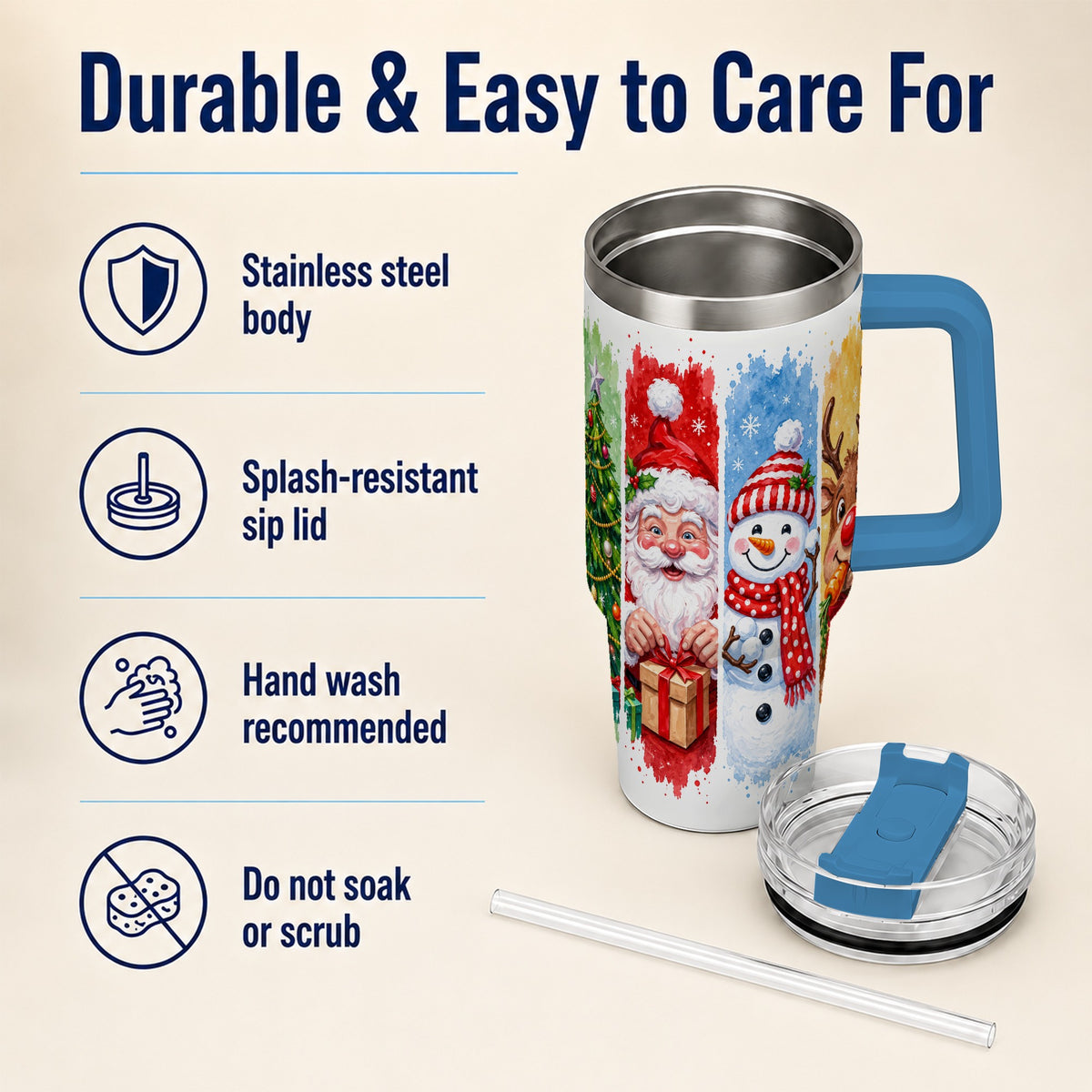 #pl[40oz|Blue] Christmas Friends 40oz Tumbler with Handle, Winter Stainless Steel Cup