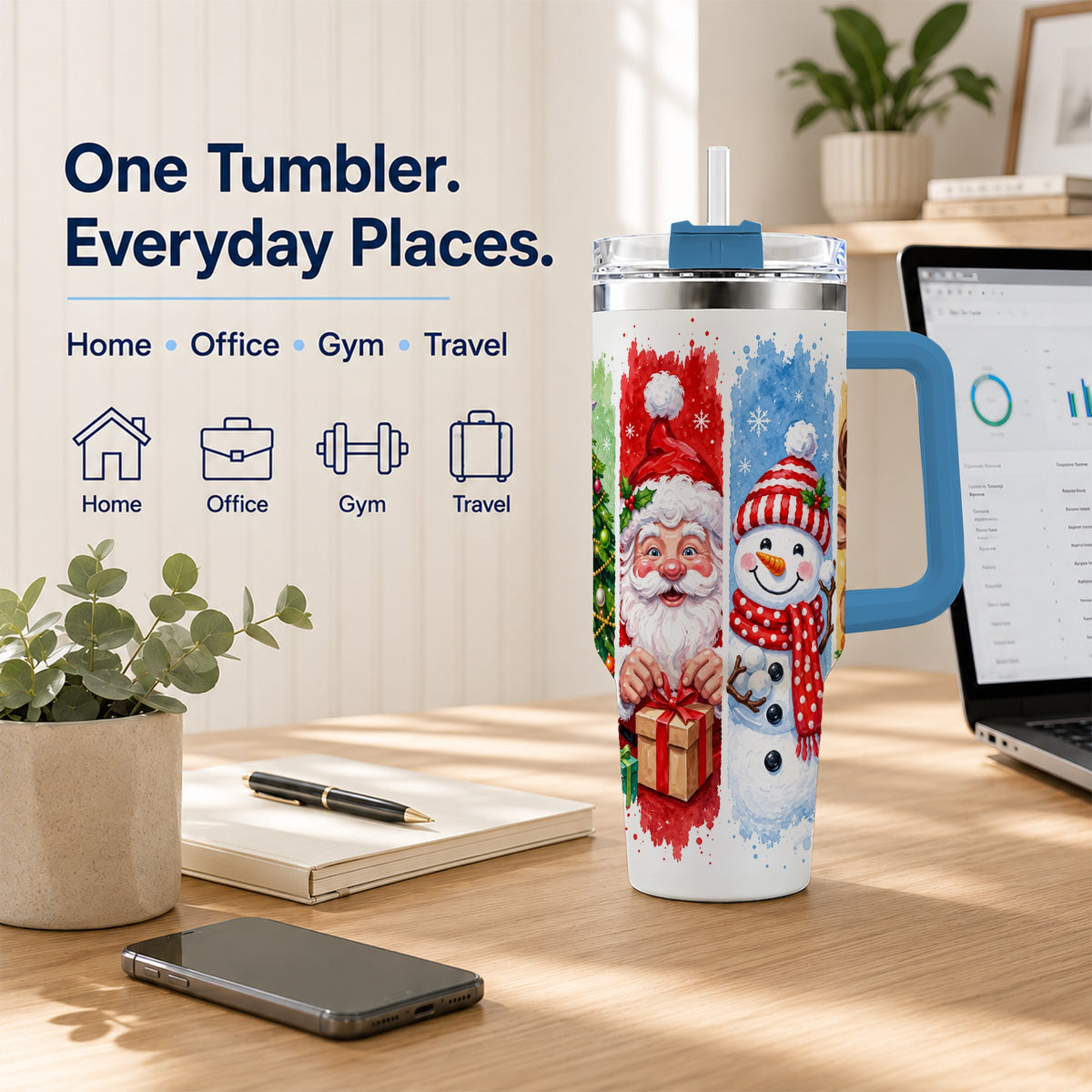#pl[40oz|Blue] Christmas Friends 40oz Tumbler with Handle, Winter Stainless Steel Cup