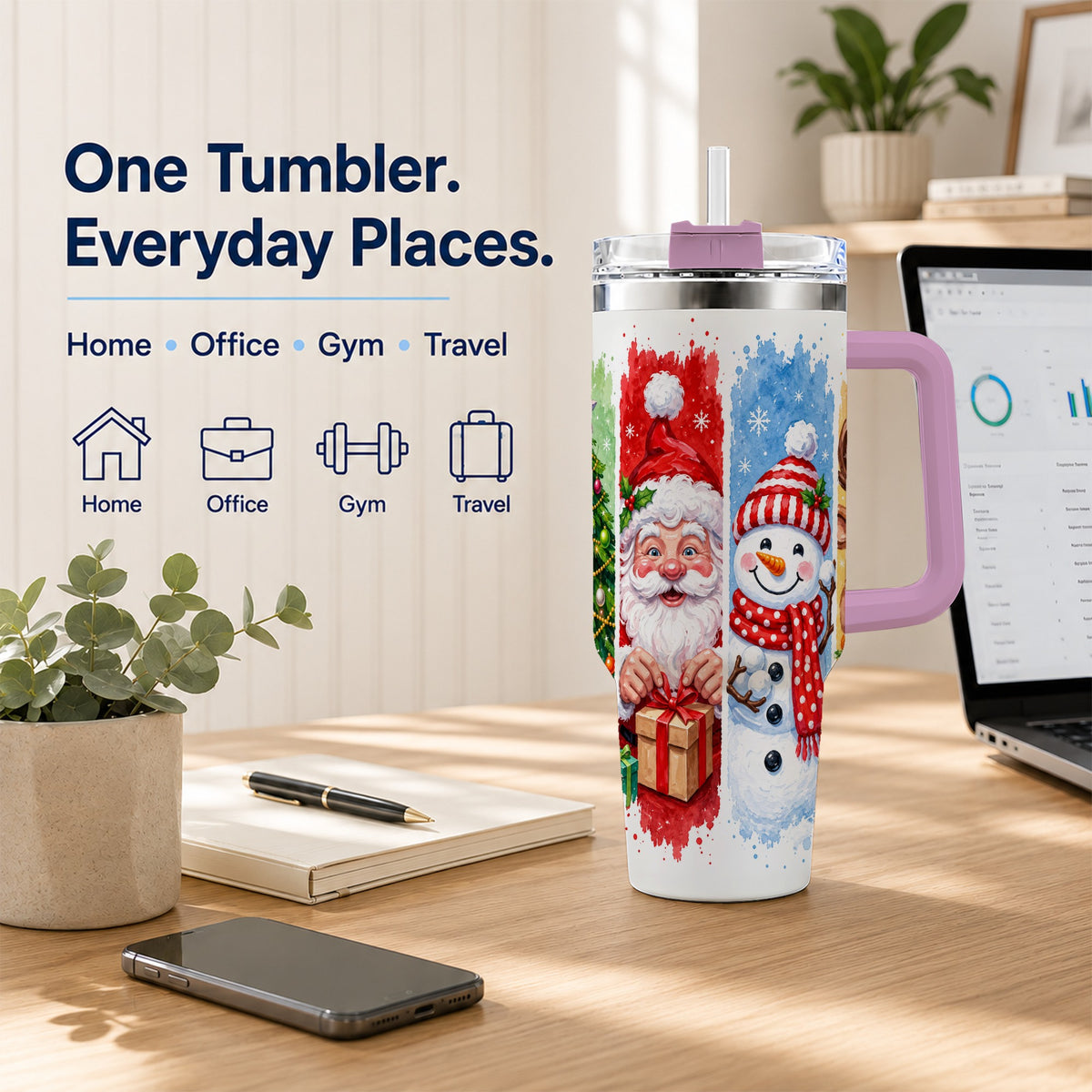 #pl[40oz|Pink] Christmas Friends 40oz Tumbler with Handle, Winter Stainless Steel Cup