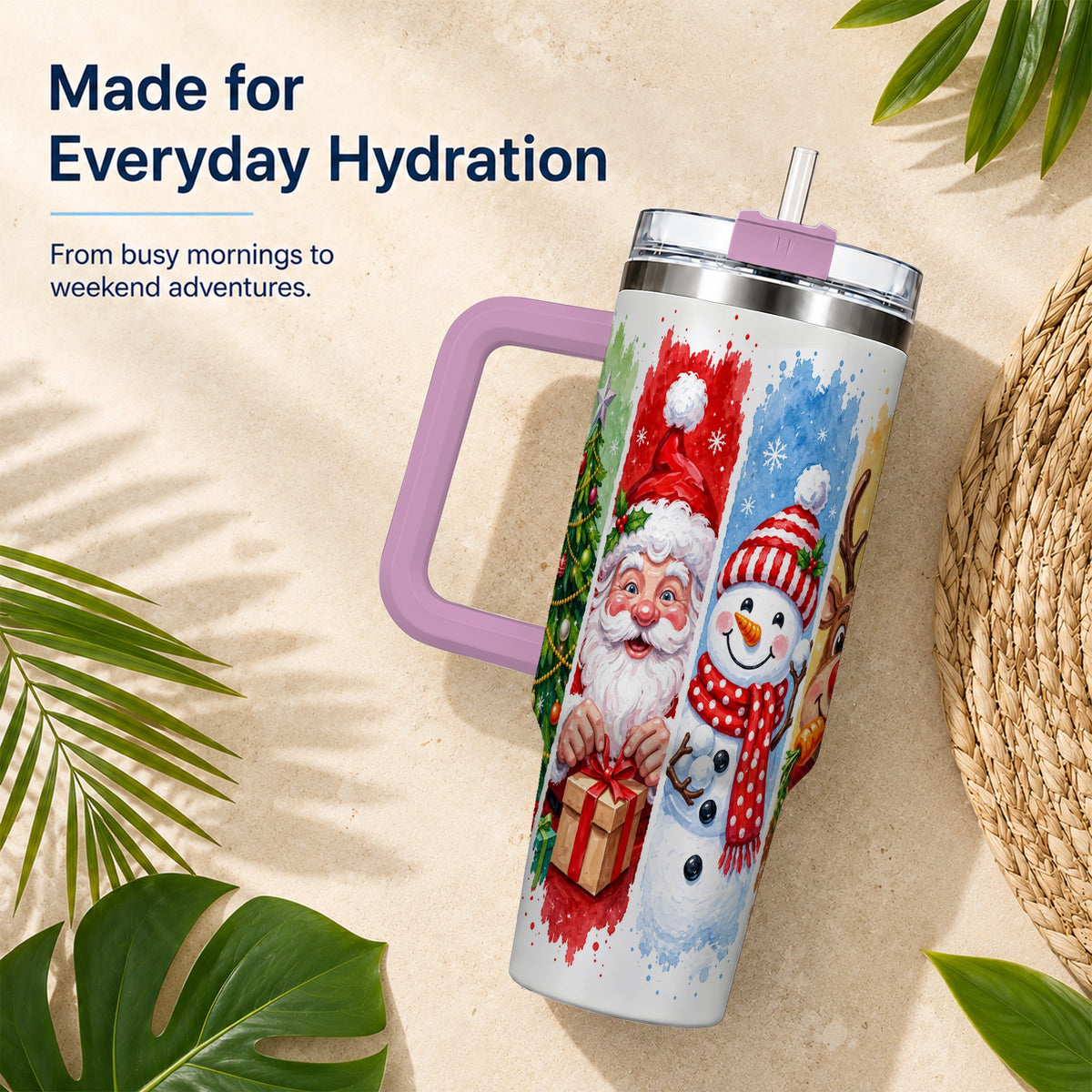 #pl[40oz|Pink] Christmas Friends 40oz Tumbler with Handle, Winter Stainless Steel Cup