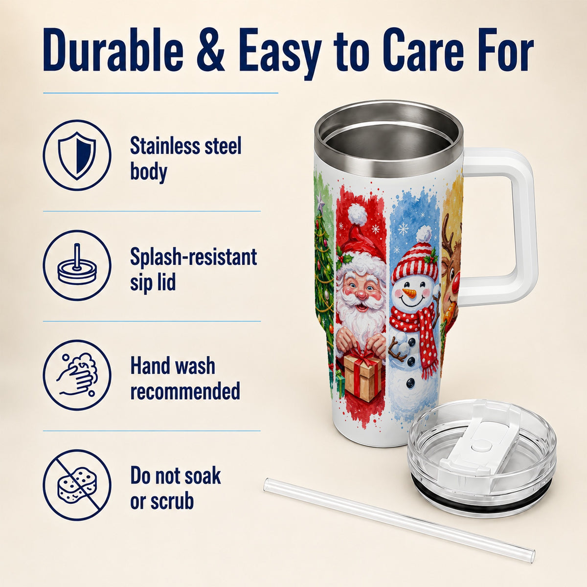 #pl[40oz|White] Christmas Friends 40oz Tumbler with Handle, Winter Stainless Steel Cup