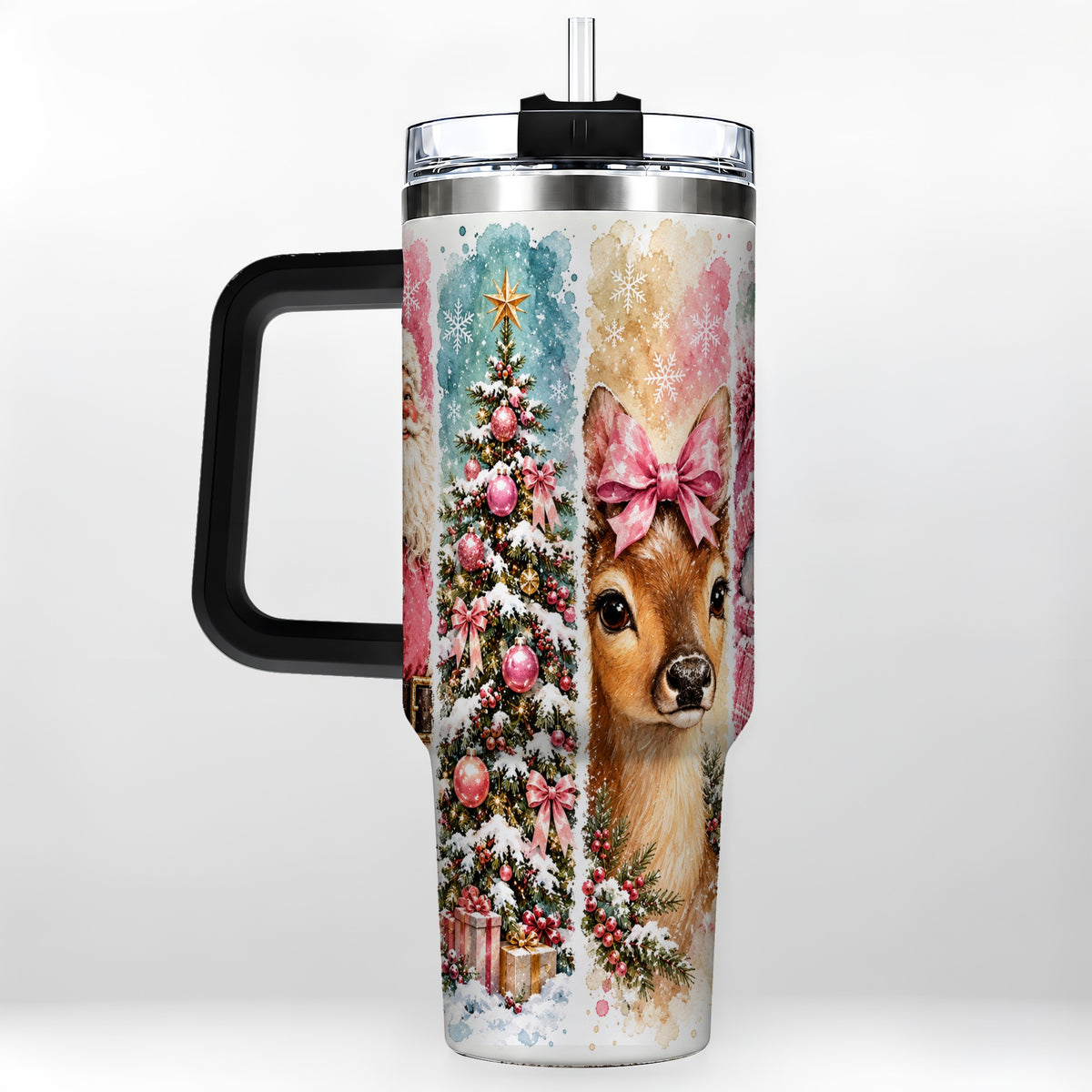 #pl[40oz|Black] Pink Christmas 40oz Tumbler with Handle, Winter Stainless Steel Cup