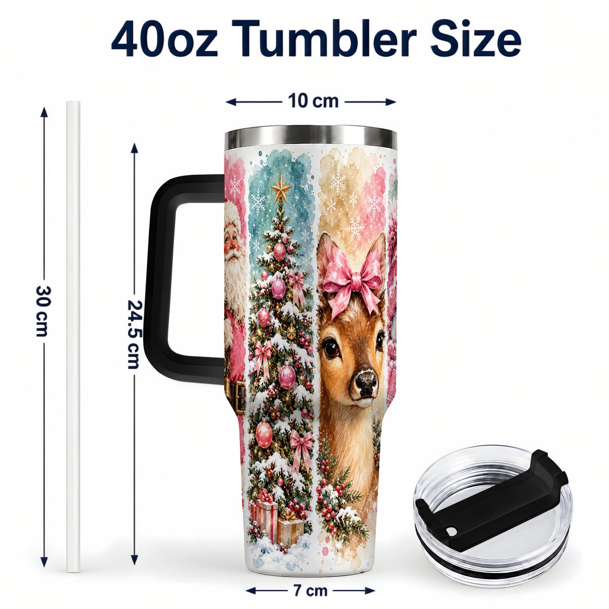 #pl[40oz|Black] Pink Christmas 40oz Tumbler with Handle, Winter Stainless Steel Cup