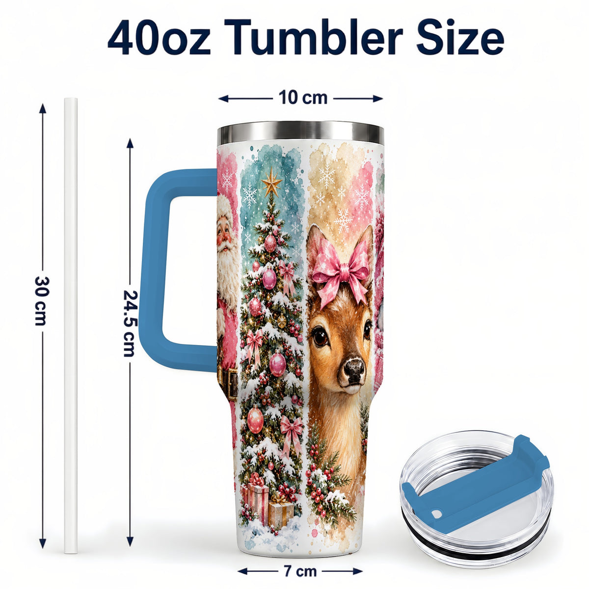 #pl[40oz|Blue] Pink Christmas 40oz Tumbler with Handle, Winter Stainless Steel Cup