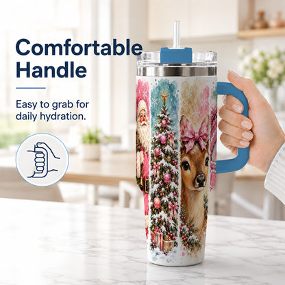 #pl[40oz|Blue] Pink Christmas 40oz Tumbler with Handle, Winter Stainless Steel Cup