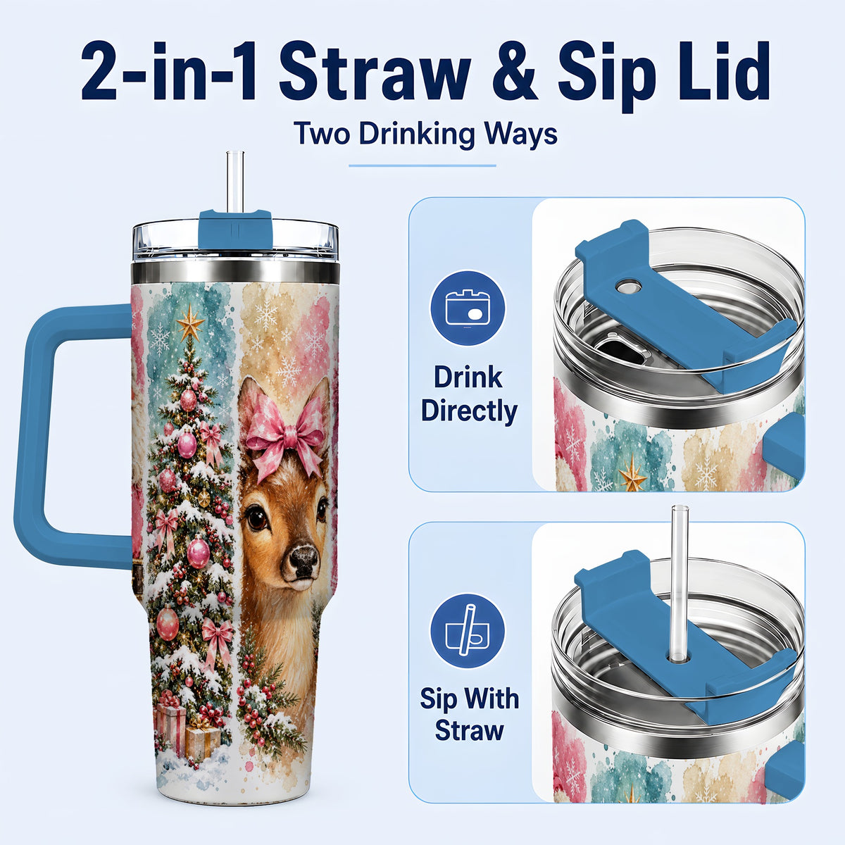 #pl[40oz|Blue] Pink Christmas 40oz Tumbler with Handle, Winter Stainless Steel Cup