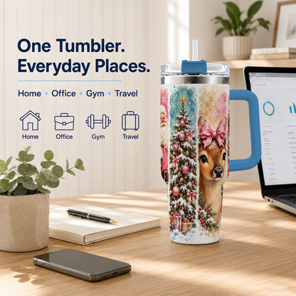 #pl[40oz|Blue] Pink Christmas 40oz Tumbler with Handle, Winter Stainless Steel Cup