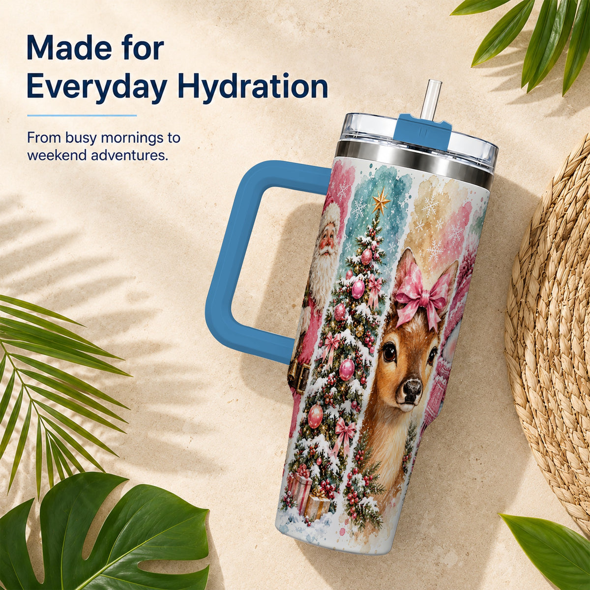 #pl[40oz|Blue] Pink Christmas 40oz Tumbler with Handle, Winter Stainless Steel Cup