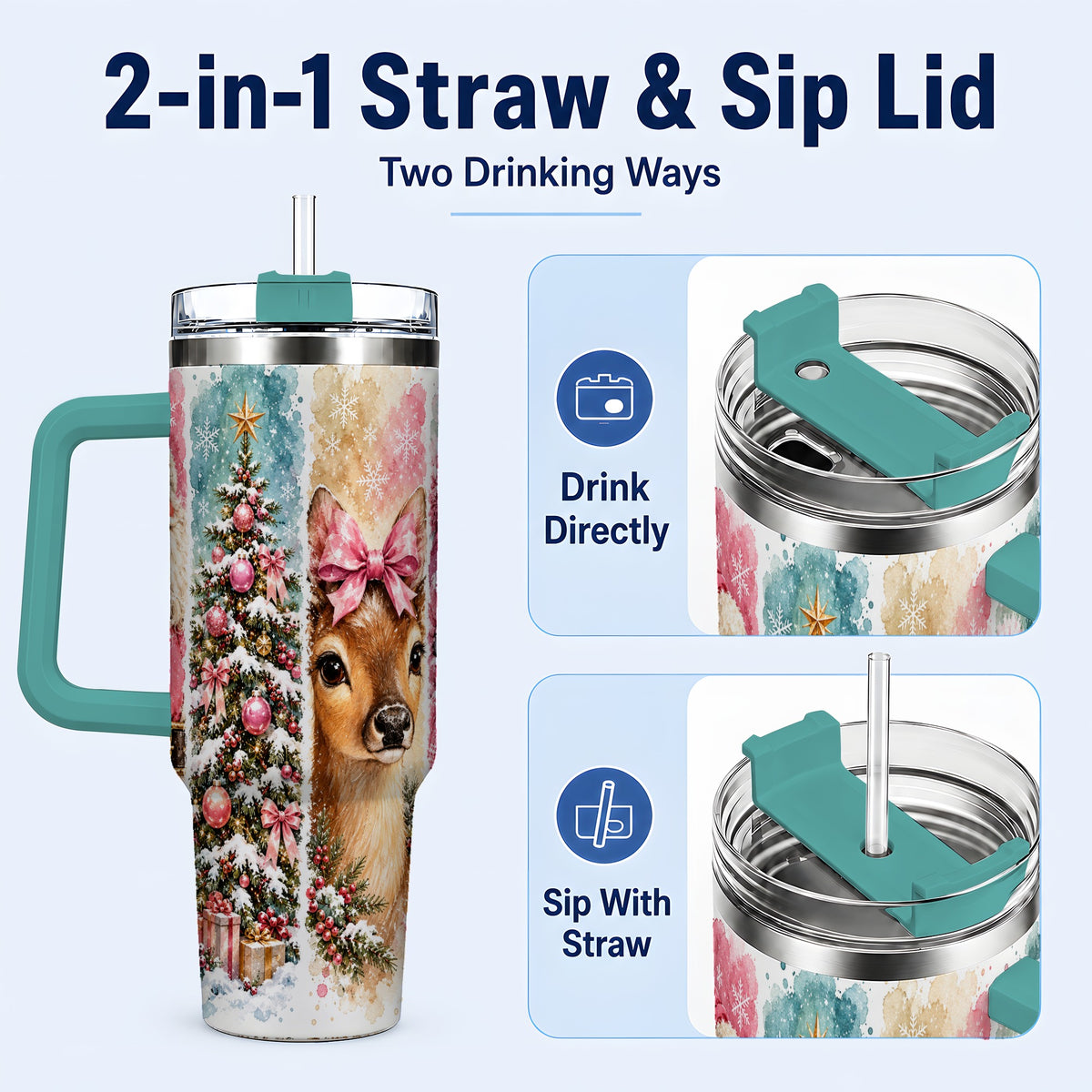 #pl[40oz|Green] Pink Christmas 40oz Tumbler with Handle, Winter Stainless Steel Cup
