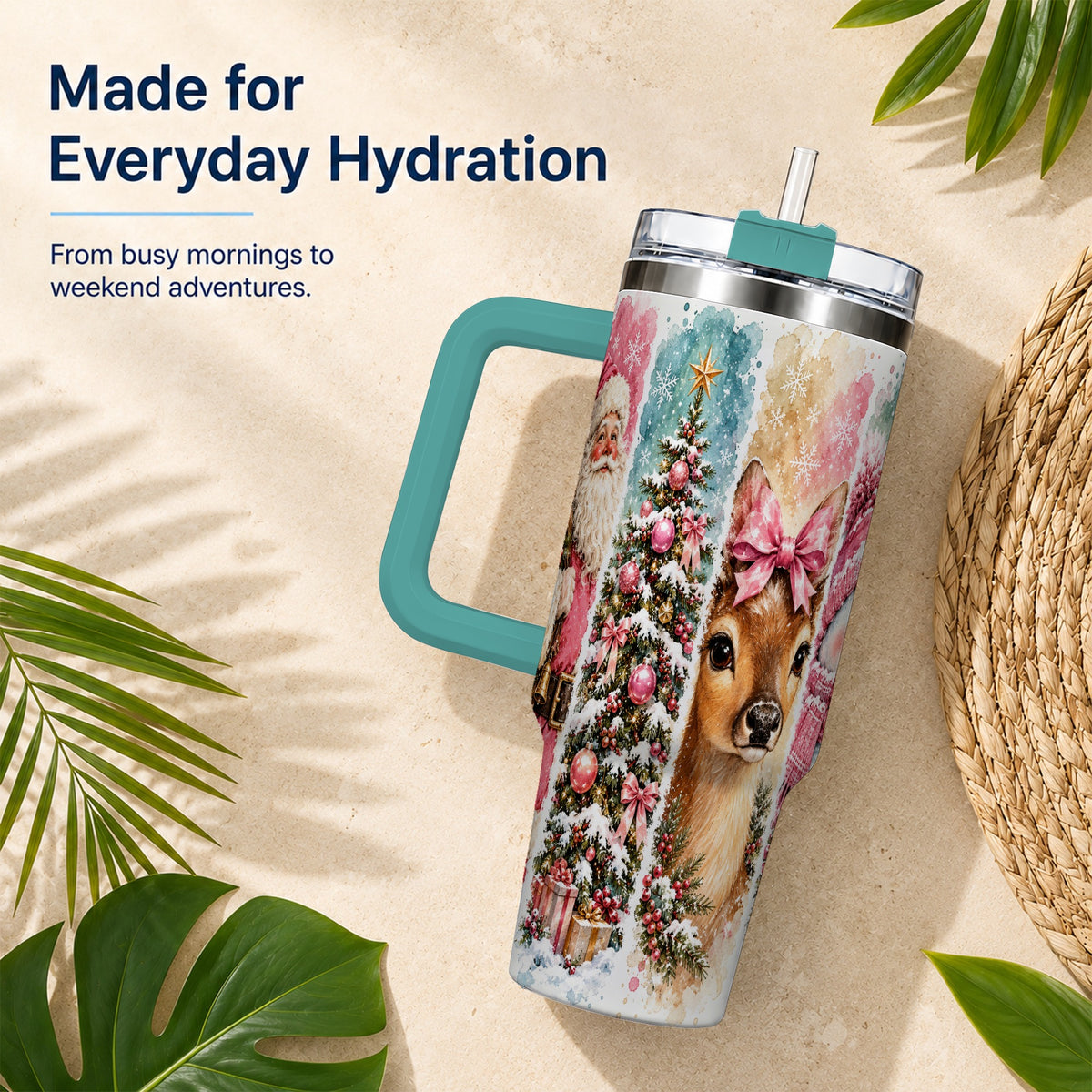 #pl[40oz|Green] Pink Christmas 40oz Tumbler with Handle, Winter Stainless Steel Cup