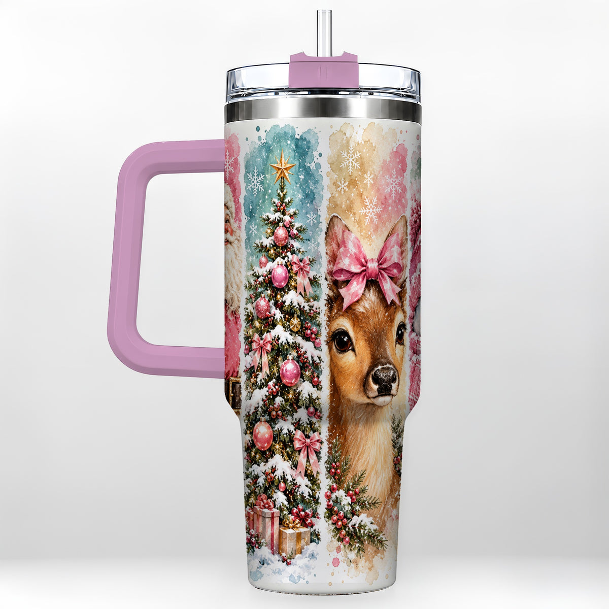 #pl[40oz|Pink] Pink Christmas 40oz Tumbler with Handle, Winter Stainless Steel Cup