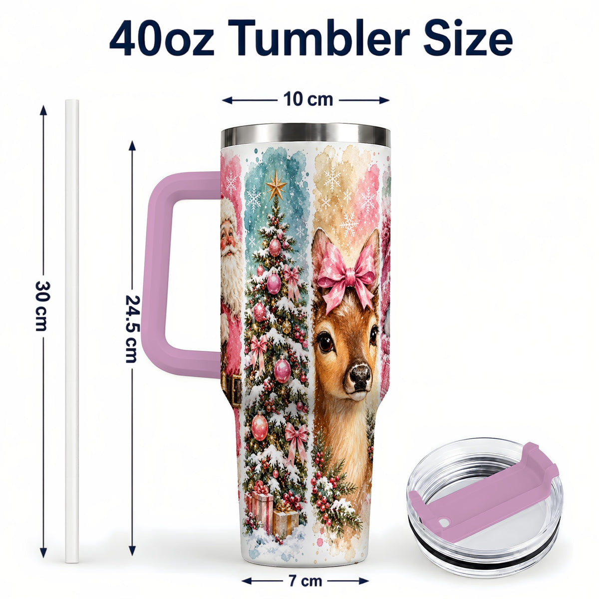 #pl[40oz|Pink] Pink Christmas 40oz Tumbler with Handle, Winter Stainless Steel Cup