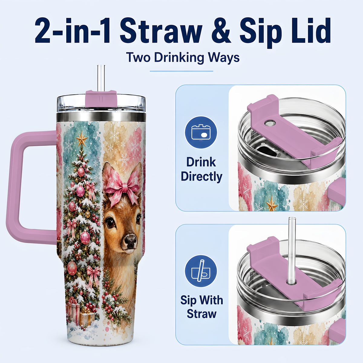 #pl[40oz|Pink] Pink Christmas 40oz Tumbler with Handle, Winter Stainless Steel Cup