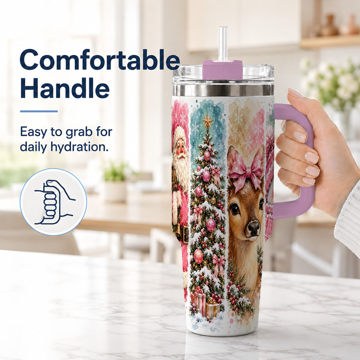 #pl[40oz|Pink] Pink Christmas 40oz Tumbler with Handle, Winter Stainless Steel Cup