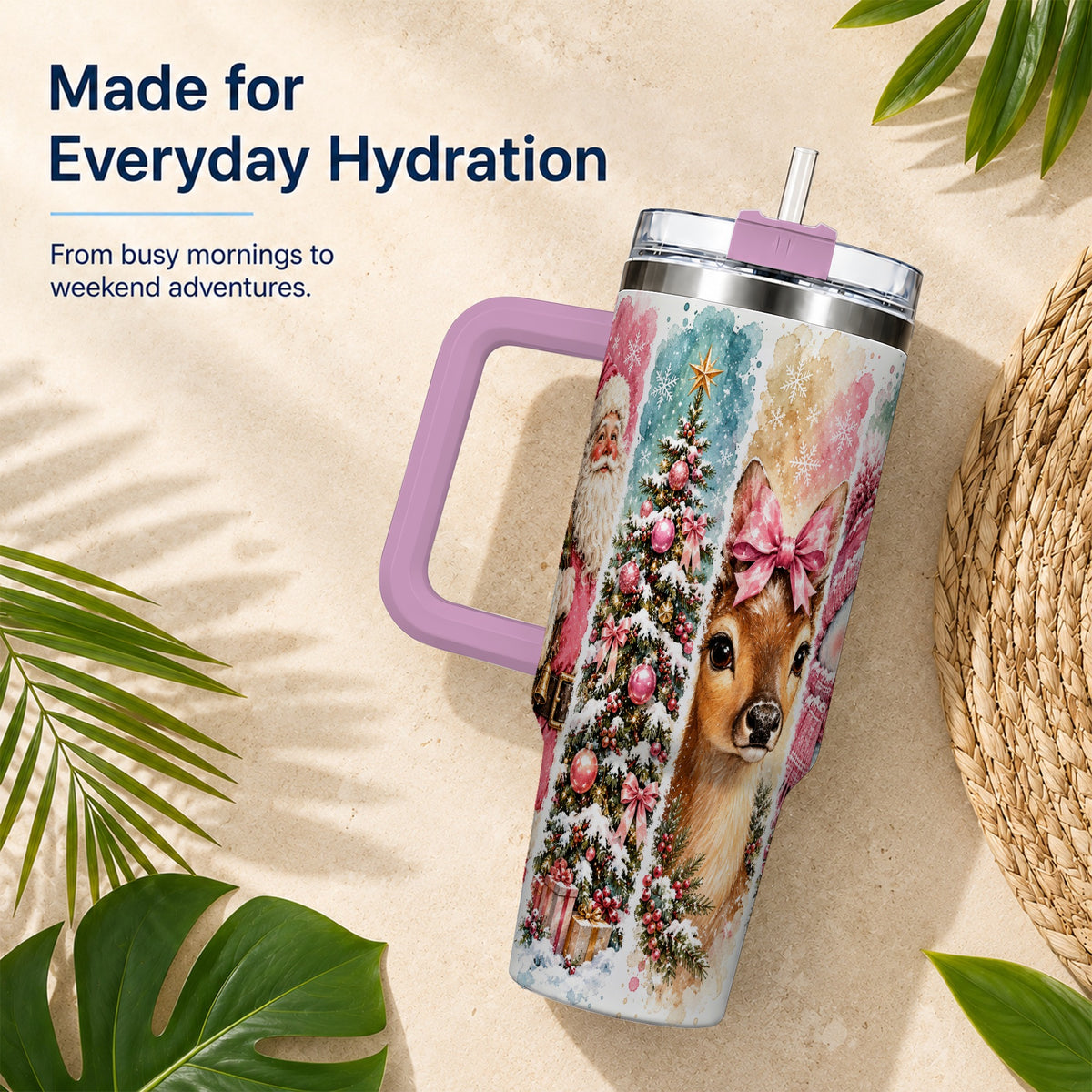 #pl[40oz|Pink] Pink Christmas 40oz Tumbler with Handle, Winter Stainless Steel Cup