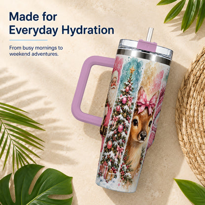 #pl[40oz|Pink] Pink Christmas 40oz Tumbler with Handle, Winter Stainless Steel Cup