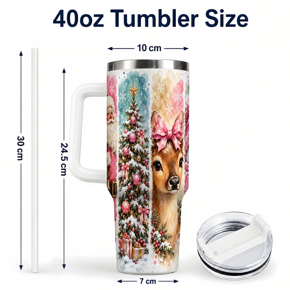 #pl[40oz|White] Pink Christmas 40oz Tumbler with Handle, Winter Stainless Steel Cup
