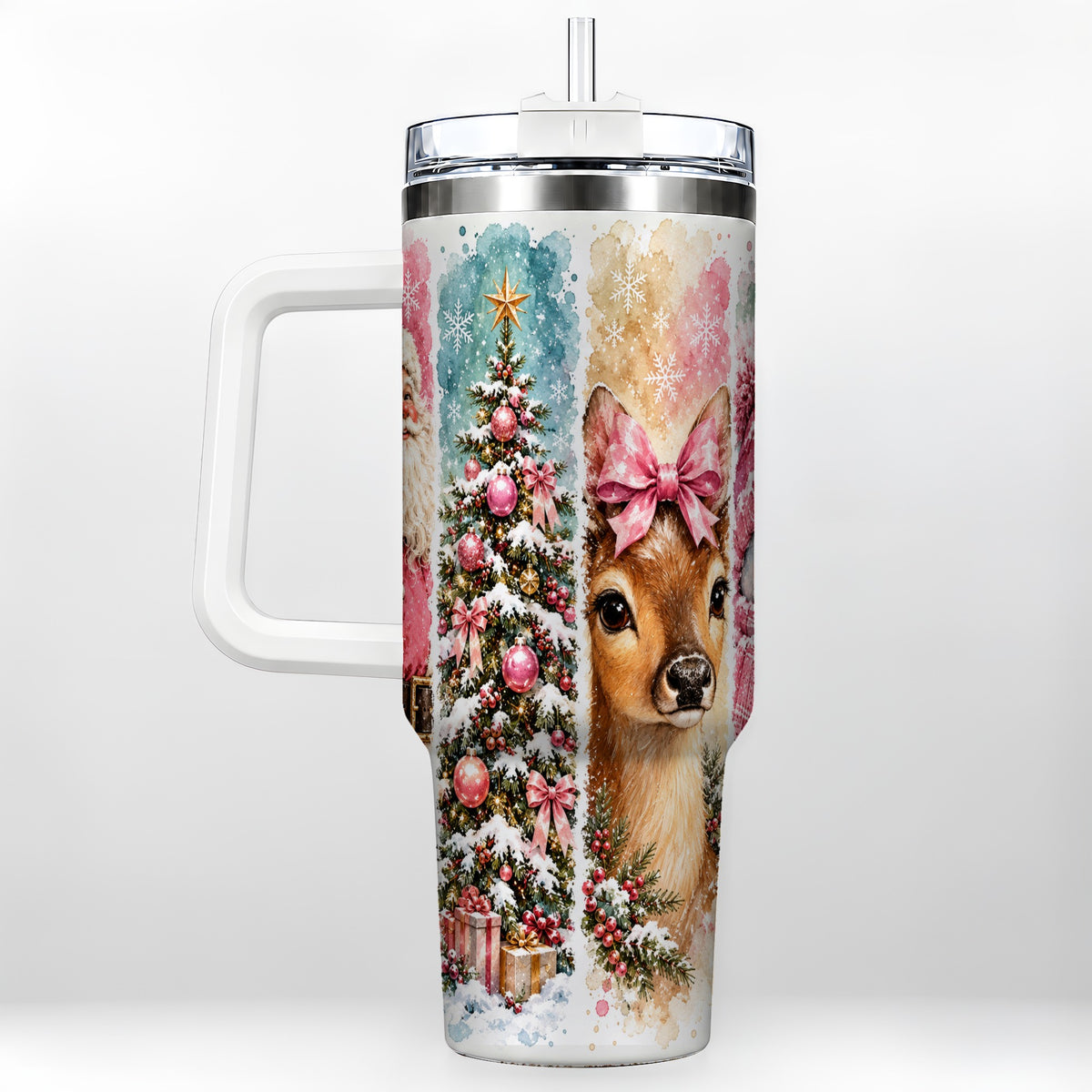 Pink Christmas 40oz Tumbler with Handle, Winter Stainless Steel Cup