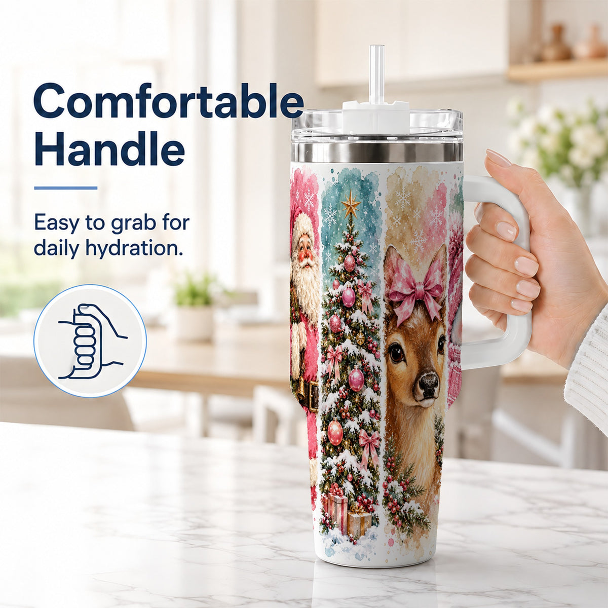 #pl[40oz|White] Pink Christmas 40oz Tumbler with Handle, Winter Stainless Steel Cup