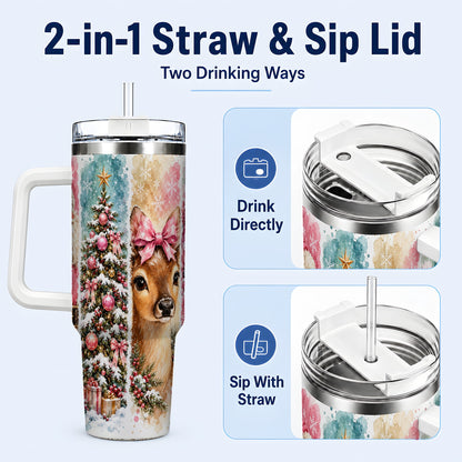 #pl[40oz|White] Pink Christmas 40oz Tumbler with Handle, Winter Stainless Steel Cup