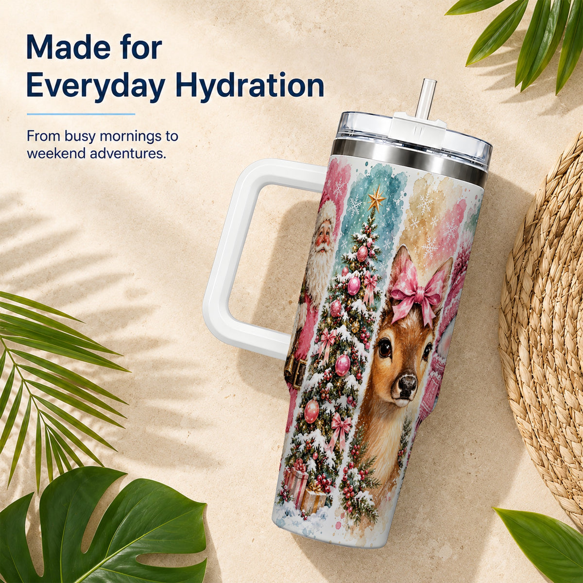 #pl[40oz|White] Pink Christmas 40oz Tumbler with Handle, Winter Stainless Steel Cup