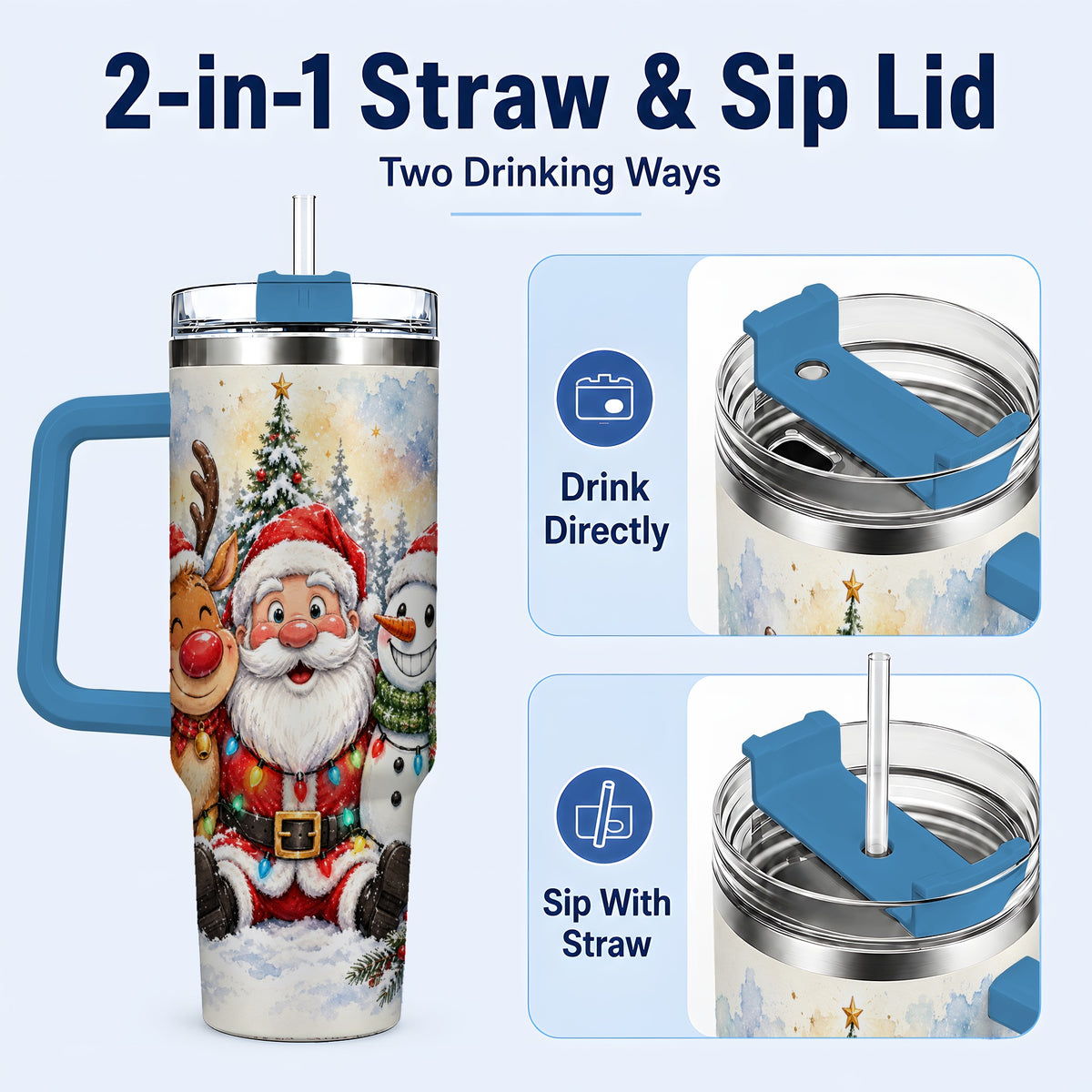 #pl[40oz|Blue] Christmas Trio 40oz Tumbler with Handle, Winter Stainless Steel Cup