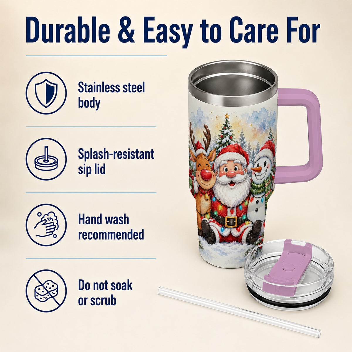 #pl[40oz|Pink] Christmas Trio 40oz Tumbler with Handle, Winter Stainless Steel Cup