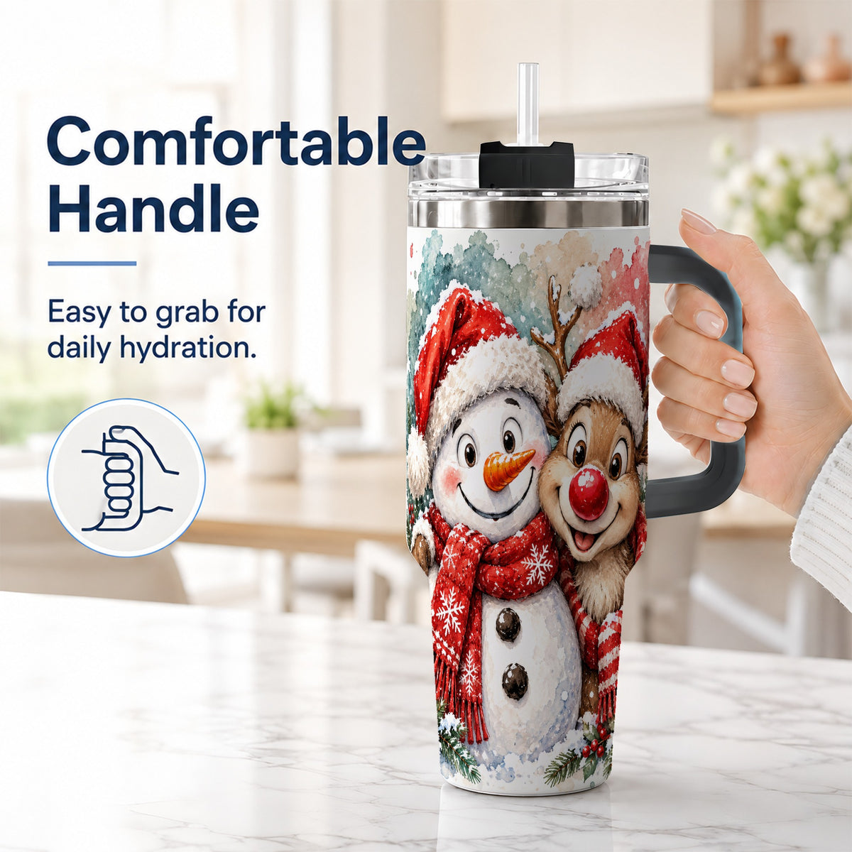 #pl[40oz|Black] Snowman Reindeer 40oz Tumbler with Handle, Winter Stainless Steel Cup