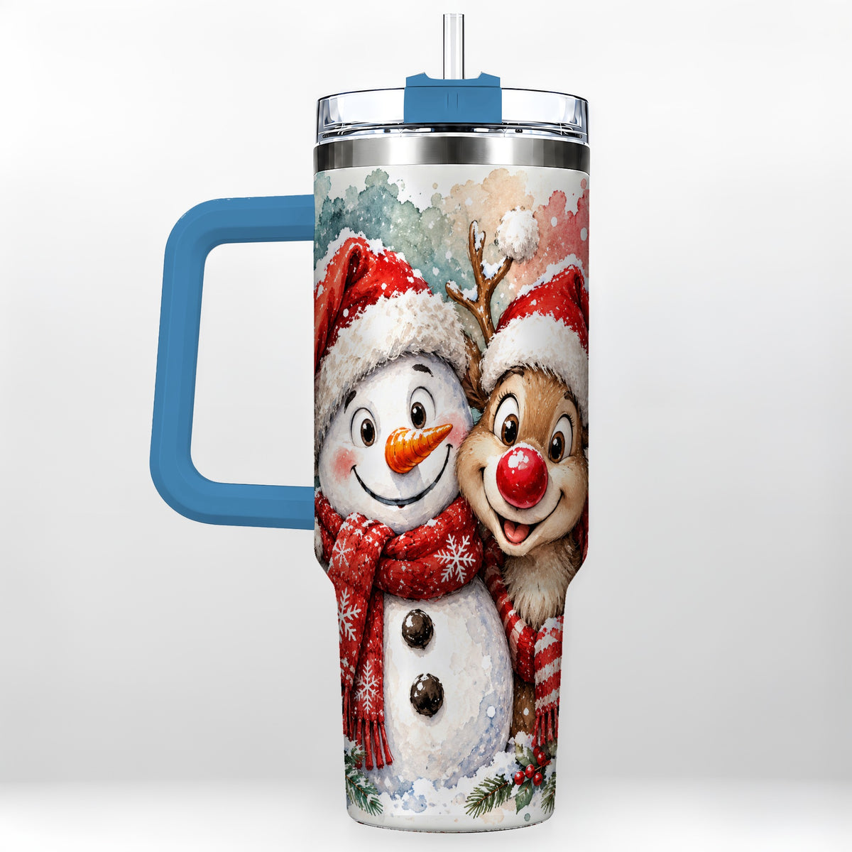 #pl[40oz|Blue] Snowman Reindeer 40oz Tumbler with Handle, Winter Stainless Steel Cup