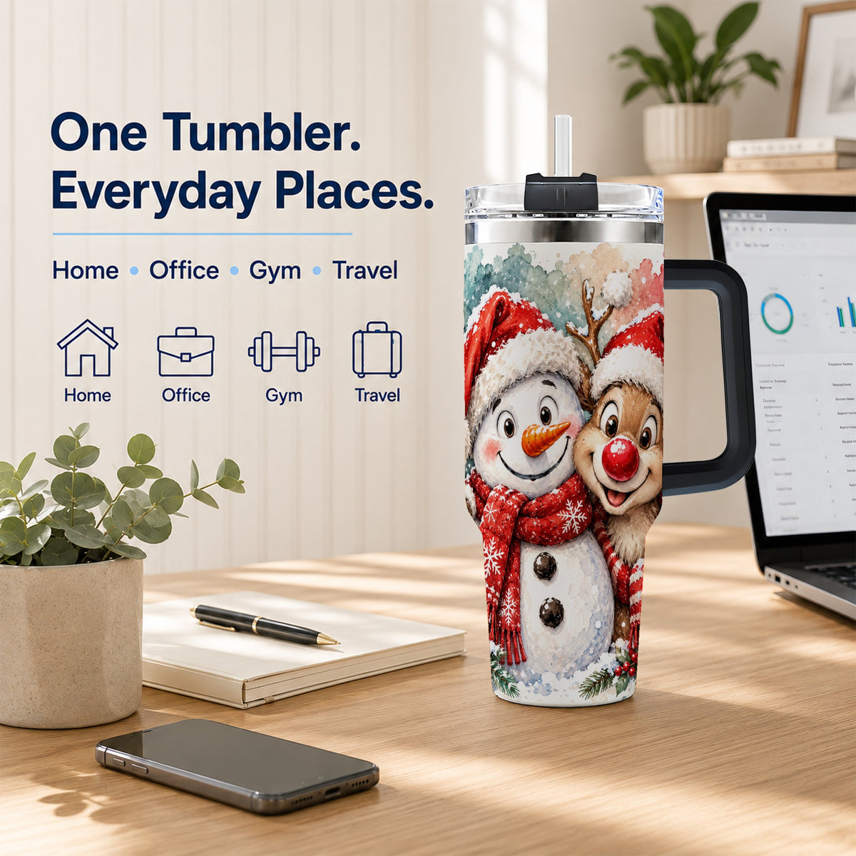 #pl[40oz|Black] Snowman Reindeer 40oz Tumbler with Handle, Winter Stainless Steel Cup
