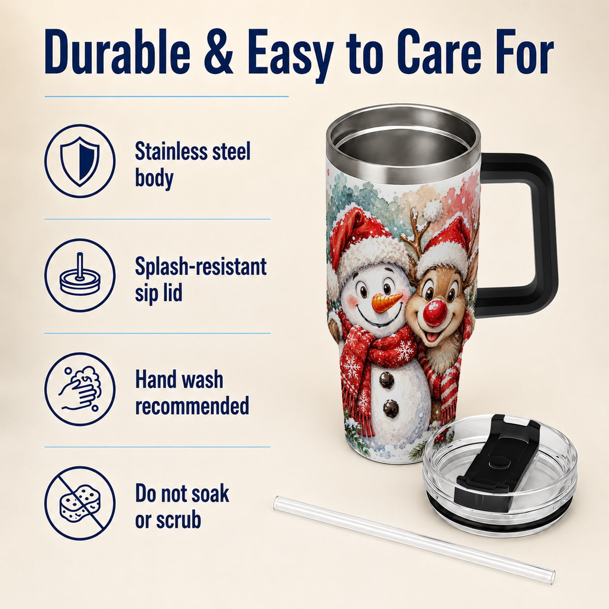 #pl[40oz|Black] Snowman Reindeer 40oz Tumbler with Handle, Winter Stainless Steel Cup