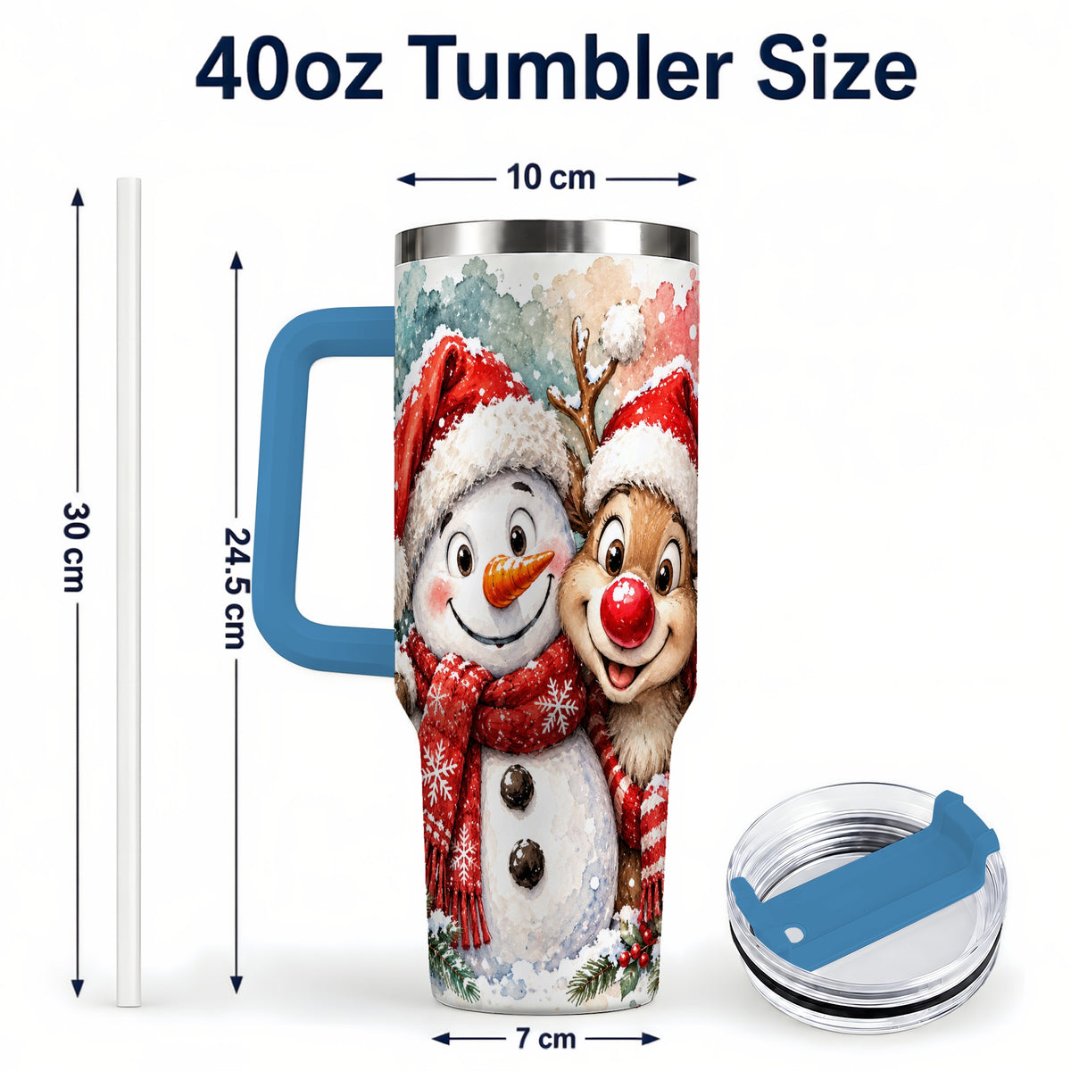 #pl[40oz|Blue] Snowman Reindeer 40oz Tumbler with Handle, Winter Stainless Steel Cup