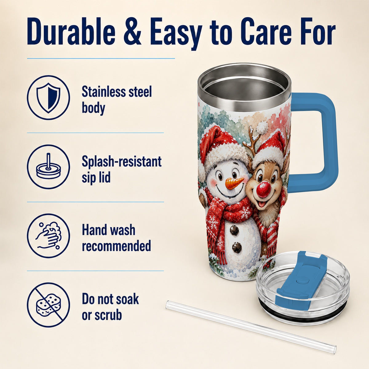 #pl[40oz|Blue] Snowman Reindeer 40oz Tumbler with Handle, Winter Stainless Steel Cup