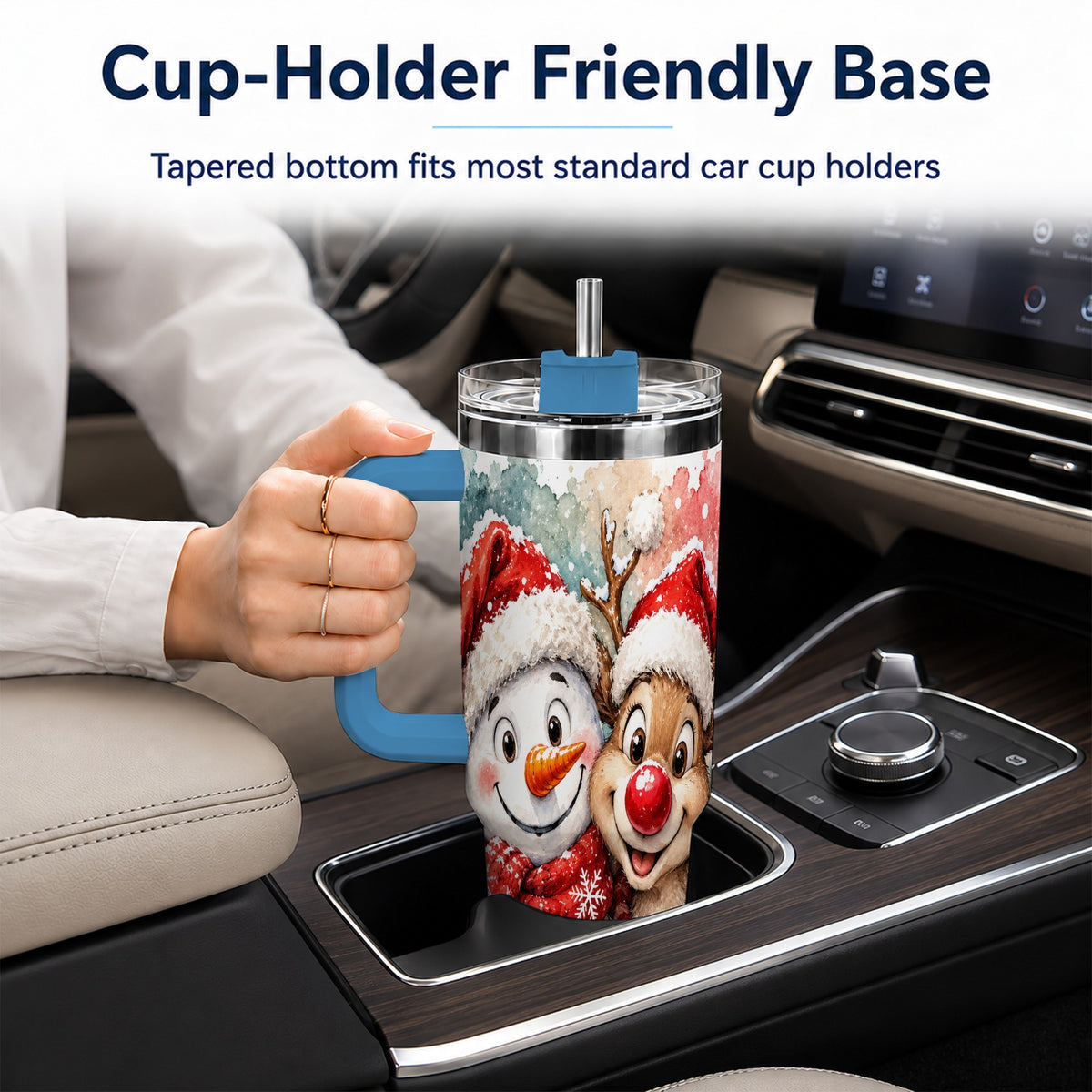 #pl[40oz|Blue] Snowman Reindeer 40oz Tumbler with Handle, Winter Stainless Steel Cup