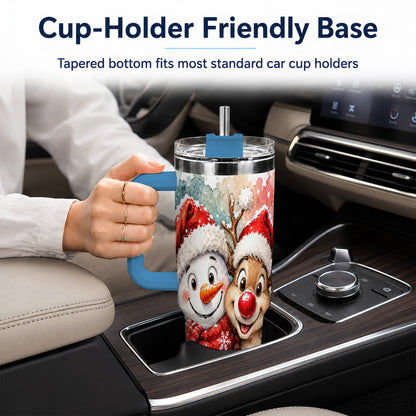 #pl[40oz|Blue] Snowman Reindeer 40oz Tumbler with Handle, Winter Stainless Steel Cup