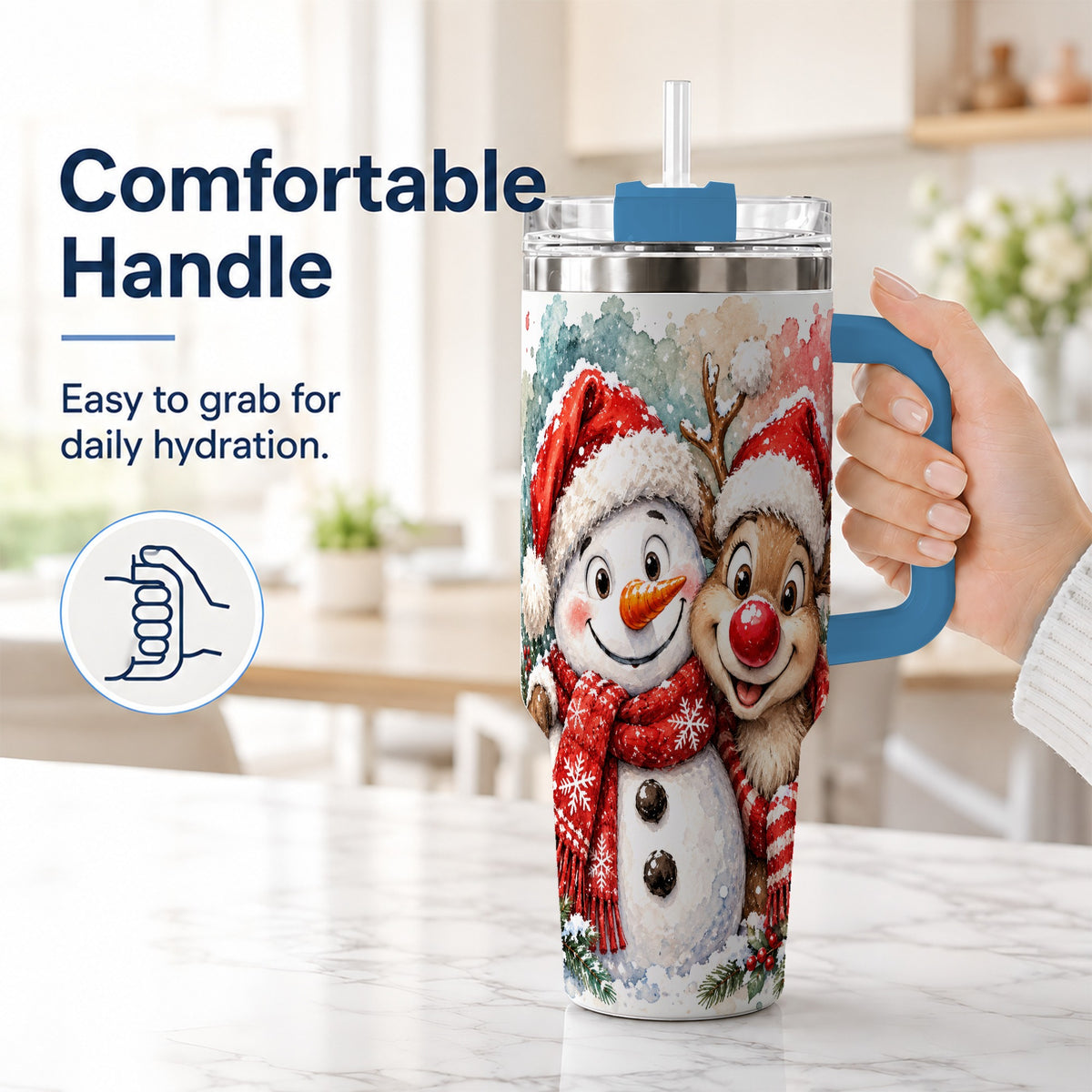#pl[40oz|Blue] Snowman Reindeer 40oz Tumbler with Handle, Winter Stainless Steel Cup