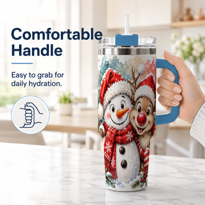 #pl[40oz|Blue] Snowman Reindeer 40oz Tumbler with Handle, Winter Stainless Steel Cup
