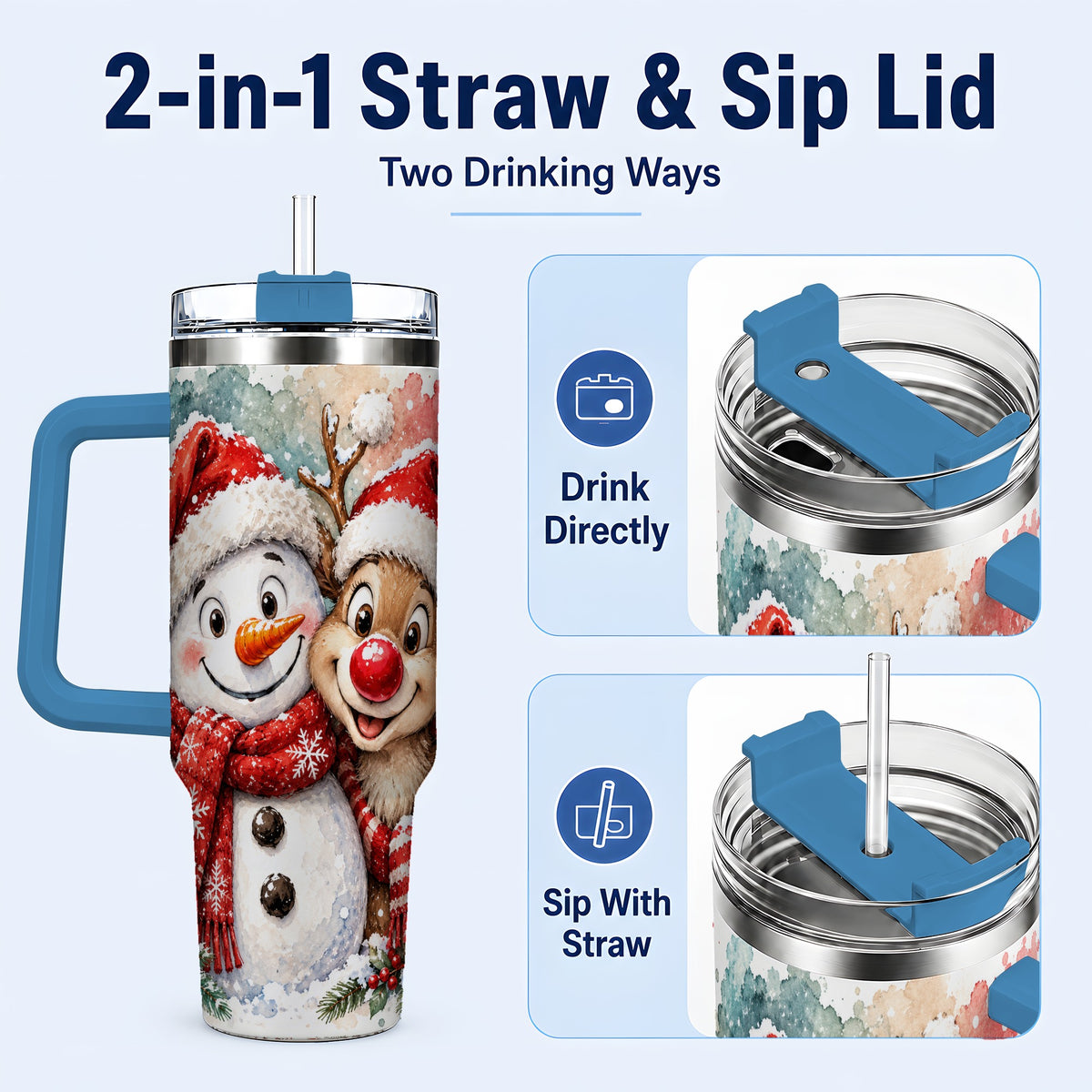 #pl[40oz|Blue] Snowman Reindeer 40oz Tumbler with Handle, Winter Stainless Steel Cup