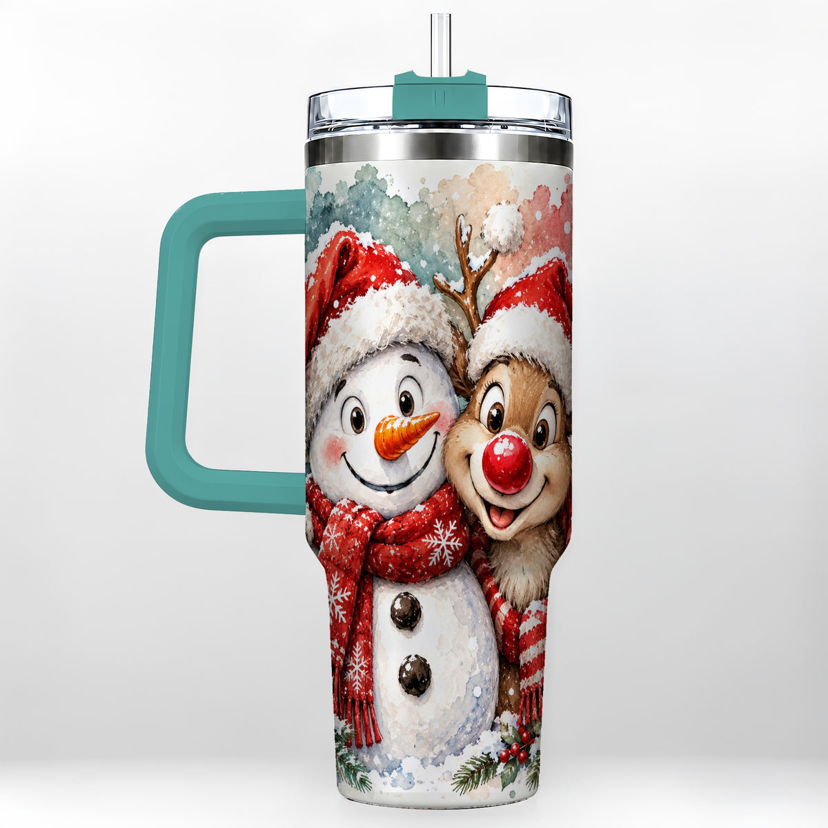 #pl[40oz|Green] Snowman Reindeer 40oz Tumbler with Handle, Winter Stainless Steel Cup