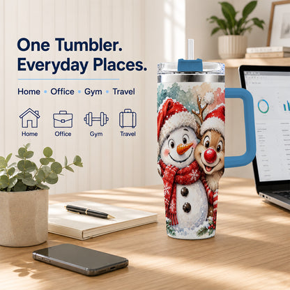 #pl[40oz|Blue] Snowman Reindeer 40oz Tumbler with Handle, Winter Stainless Steel Cup