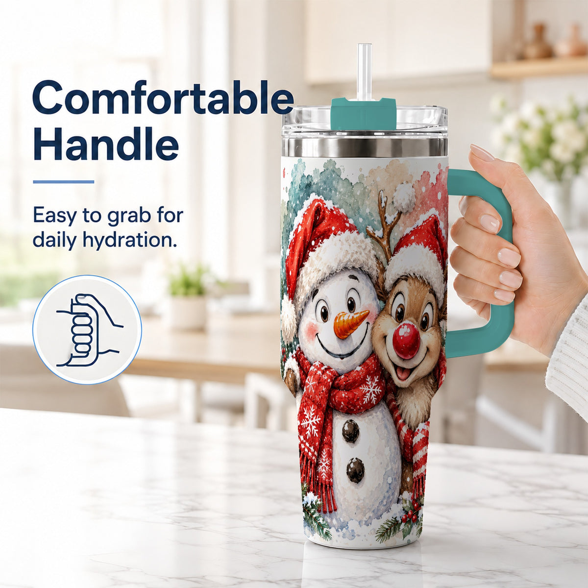 #pl[40oz|Green] Snowman Reindeer 40oz Tumbler with Handle, Winter Stainless Steel Cup