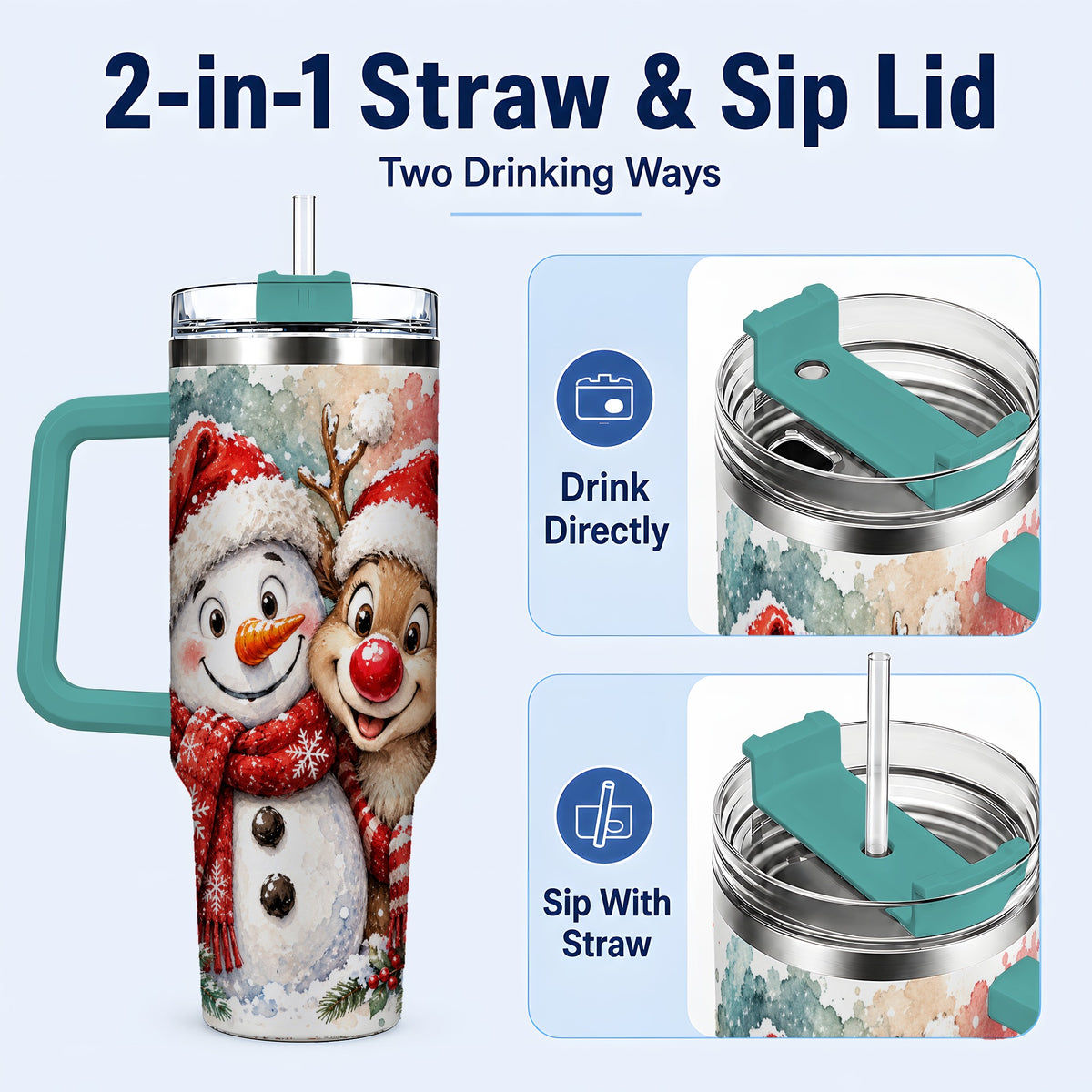 #pl[40oz|Green] Snowman Reindeer 40oz Tumbler with Handle, Winter Stainless Steel Cup