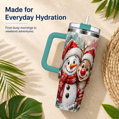 #pl[40oz|Green] Snowman Reindeer 40oz Tumbler with Handle, Winter Stainless Steel Cup